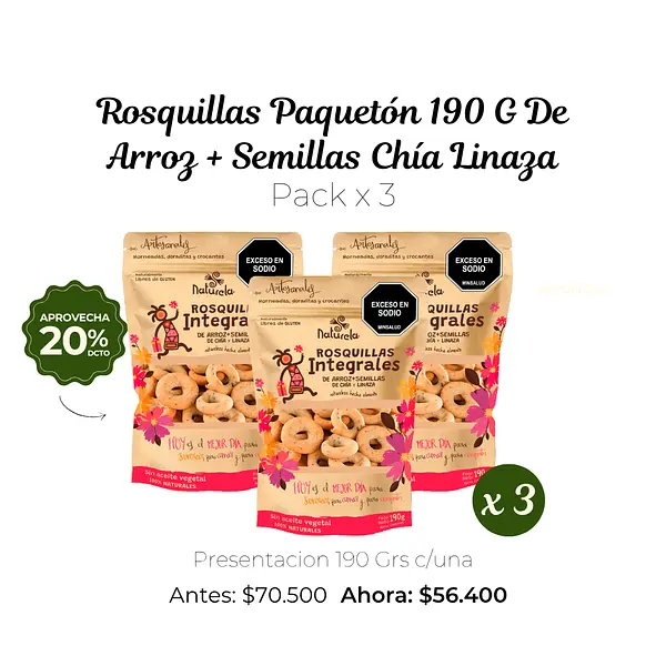 Pack X3 Rosquillas Paquetón 190 G De Arroz + Semillas Chía